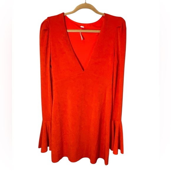 Free People Talk About It Coral Long-sleeve Mini Dress Flare Sleeves Size M - Picture 2 of 12